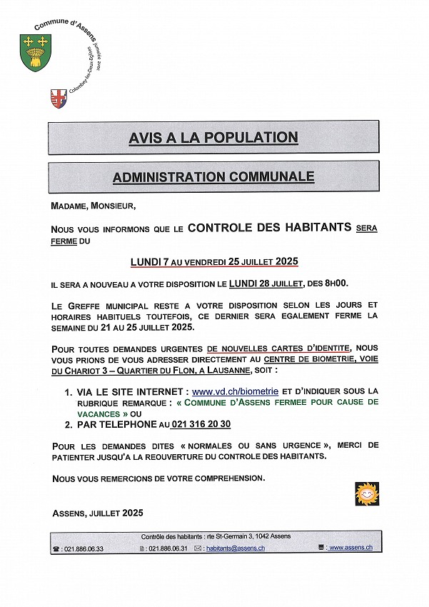 Avis à la population - Fermeture du contrôle des habitants