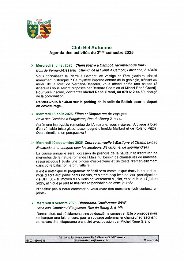 Programme des activités du Club Bel Automne