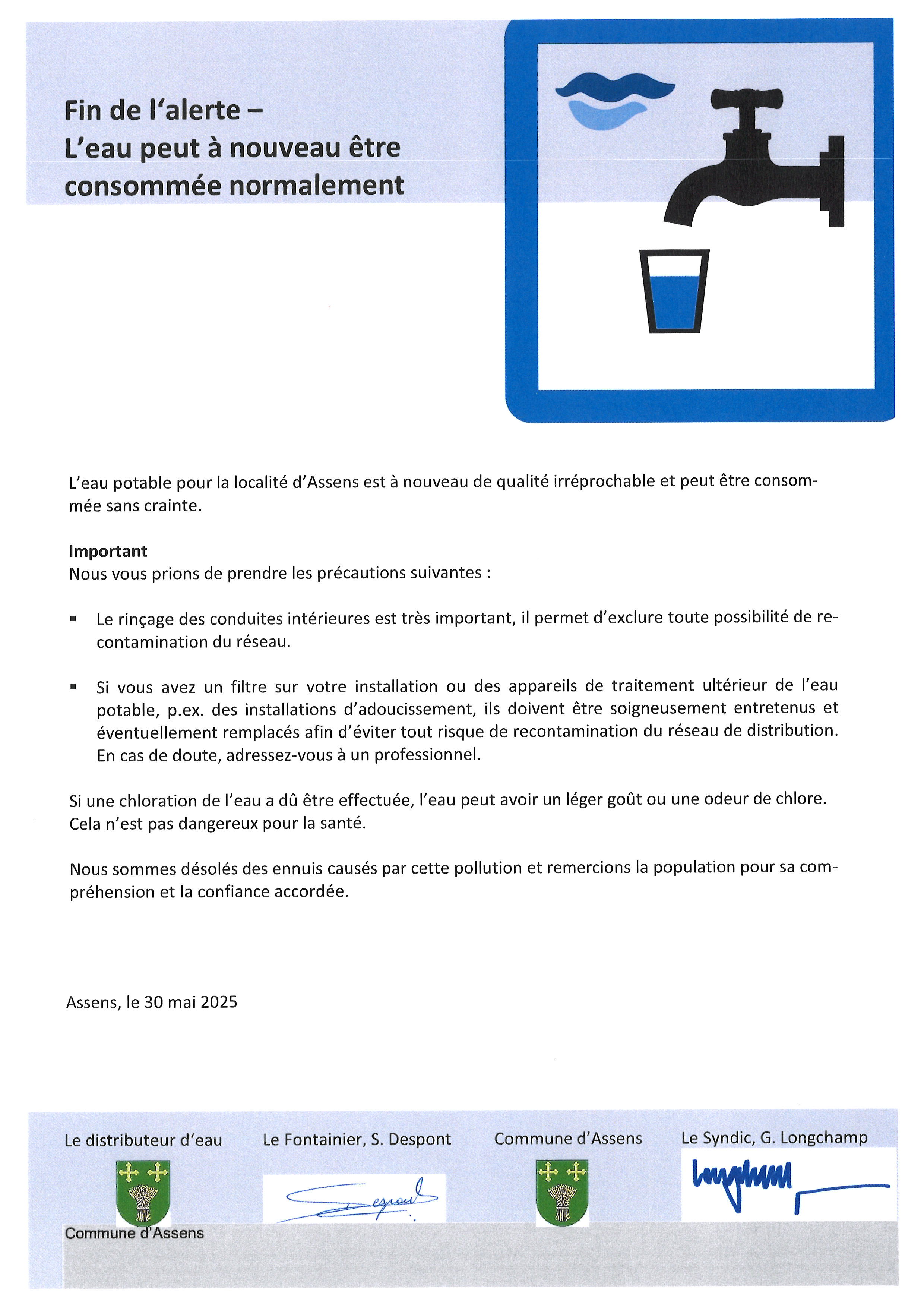 ATTENTION UNIQUEMENT POUR LA LOCALITE D'ASSENS : FIN D'ALERTE - L'EAU PEUT A NOUVEAU ETRE CONSOMMEE