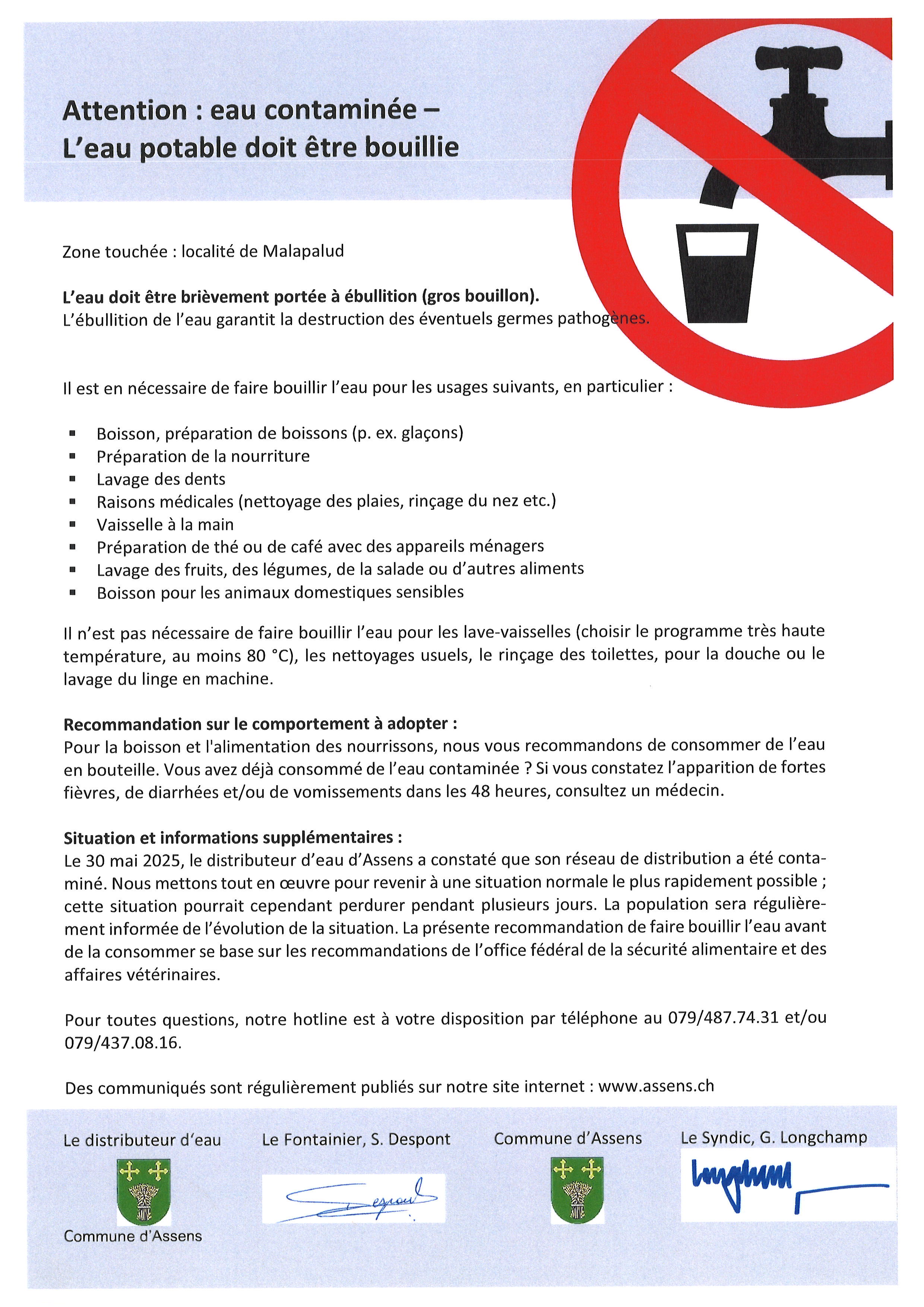 ATTENTION : Eau contaminée uniquement pour la localité de Malapalud