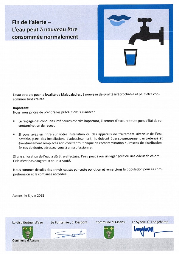 FIN D'ALERTE - L'EAU PEUT A NOUVEAU ETRE CONSOMMEE