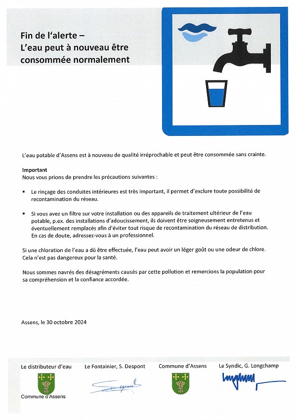 FIN D'ALERTE - L'EAU PEUT A NOUVEAU ETRE CONSOMMEE