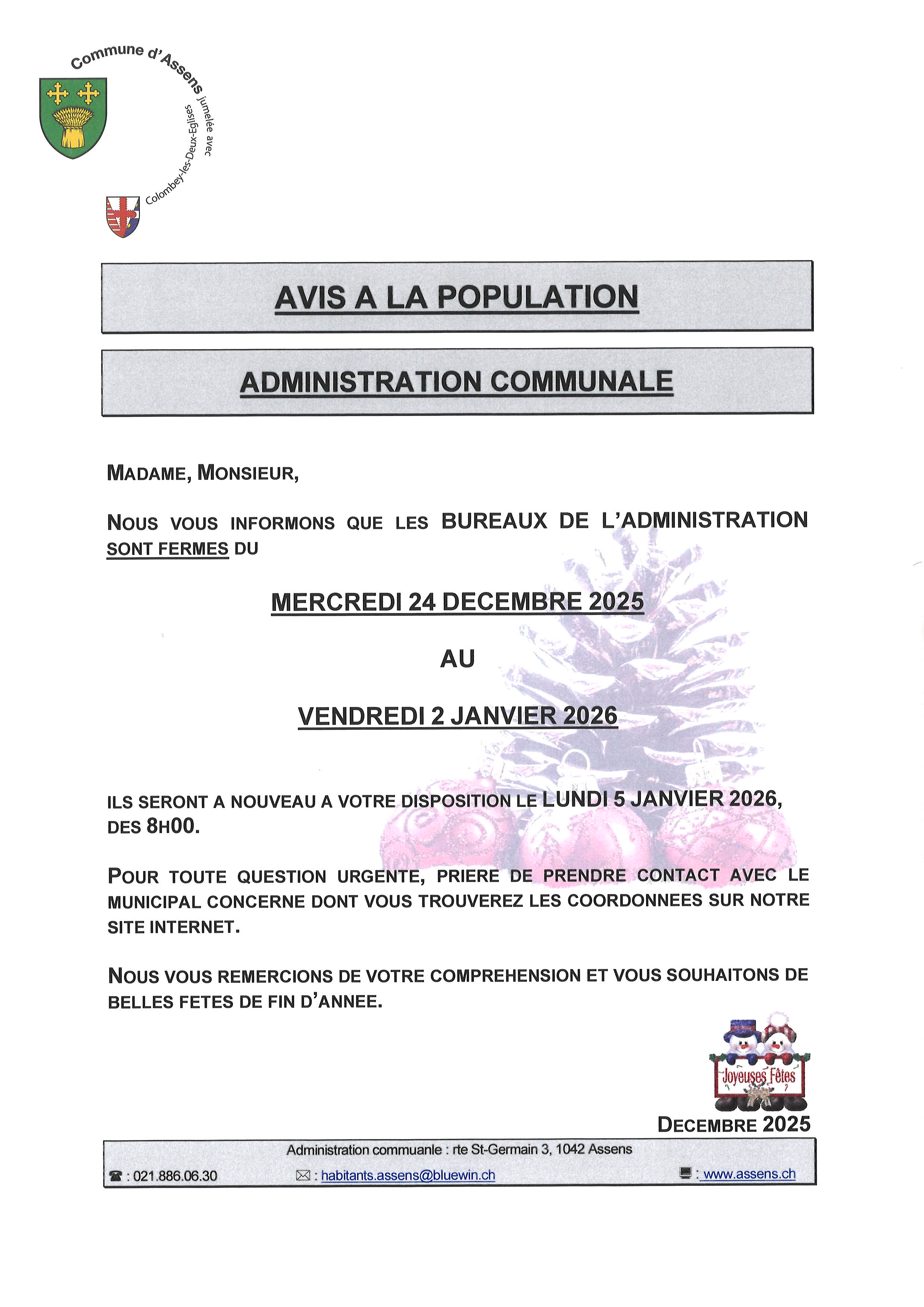 Fermeture Administration communale