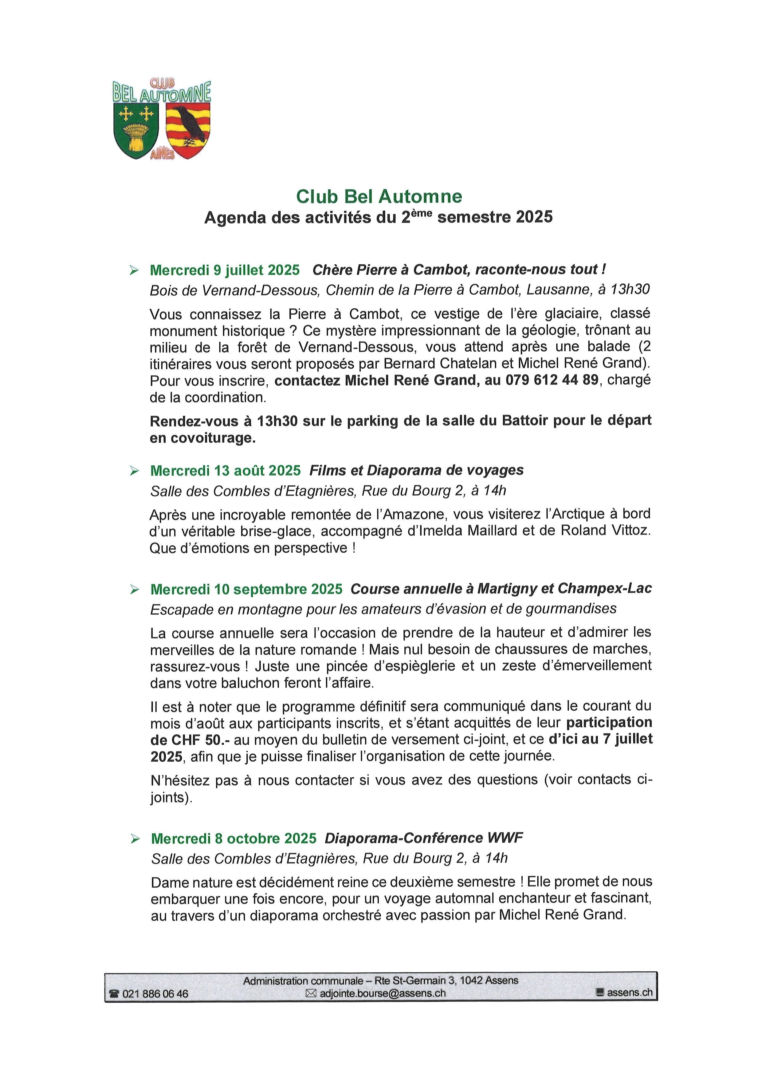 Programme des activités du Club Bel Automne