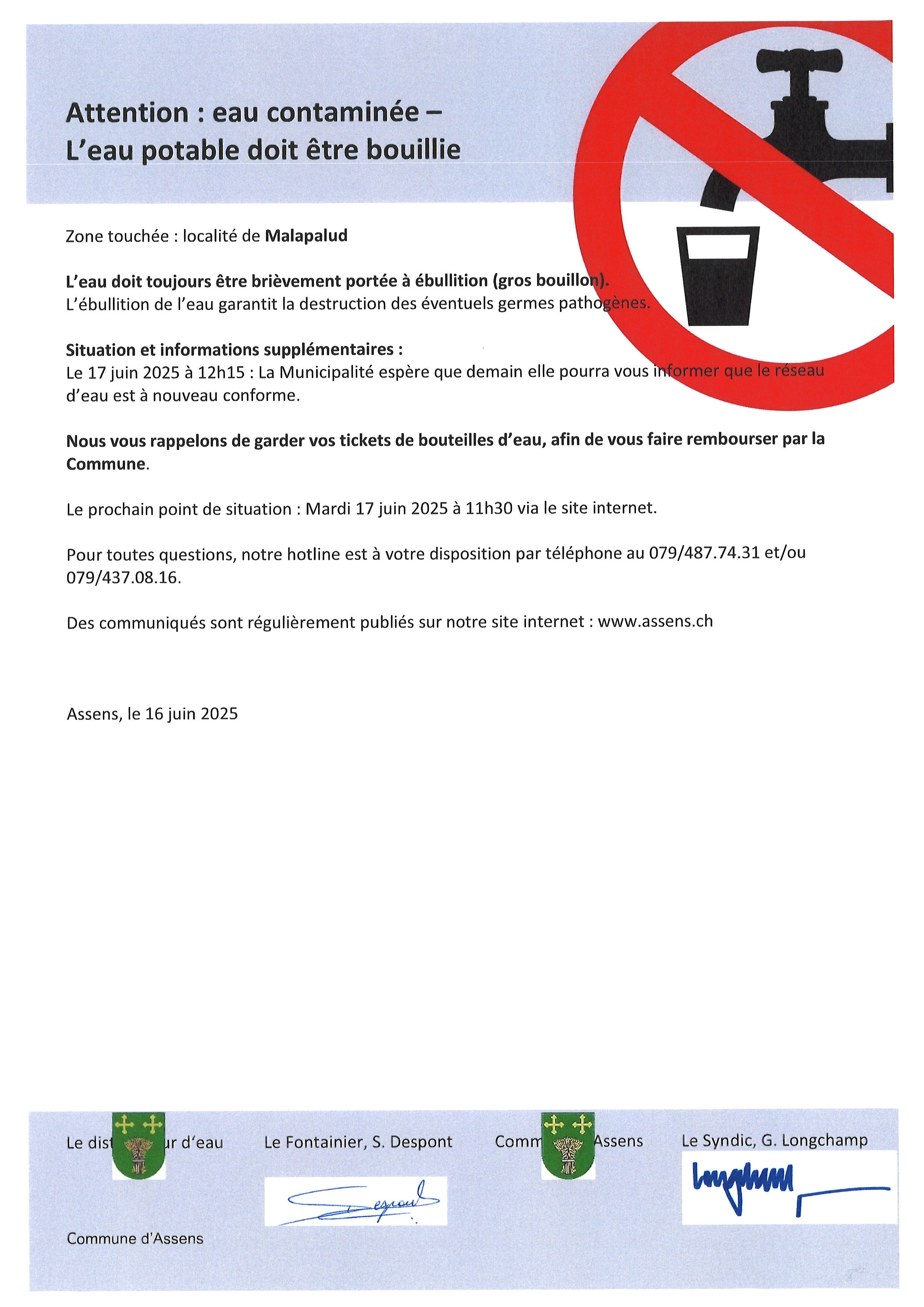 Eau contaminée - Localité de Malapalud : situation au 16 juin 2025 à 12h15
